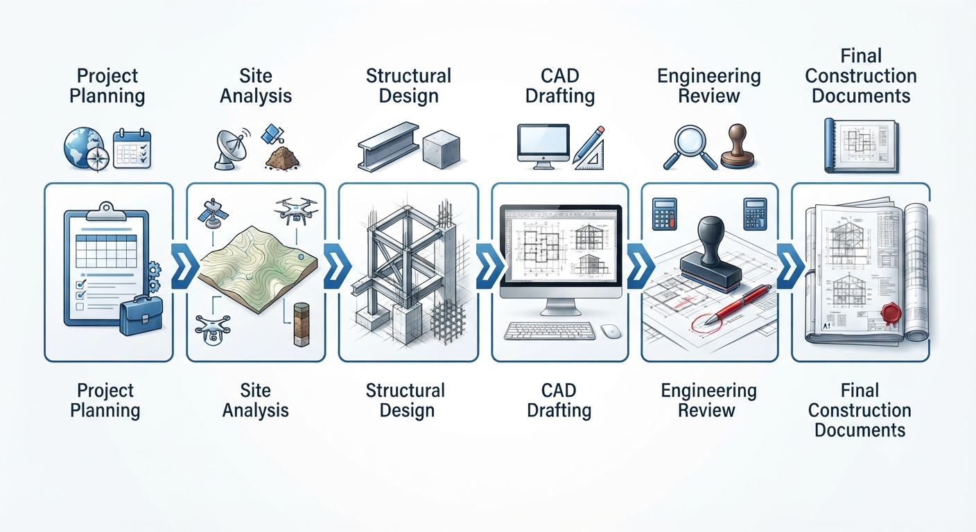 Structural Drafting Process workflow from project planning to final construction drawings
