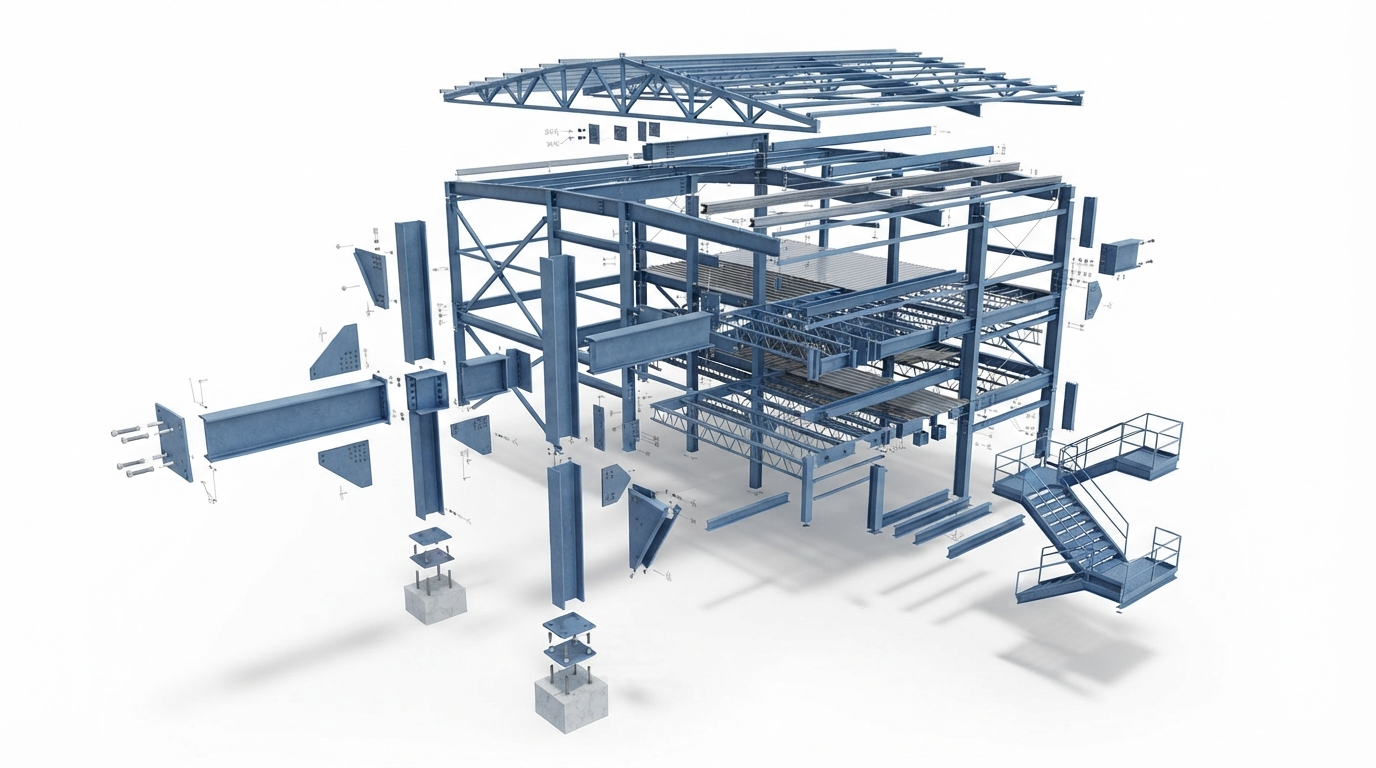 Workflow showing how structural detailing leads to steel detailing, fabrication, and final installation