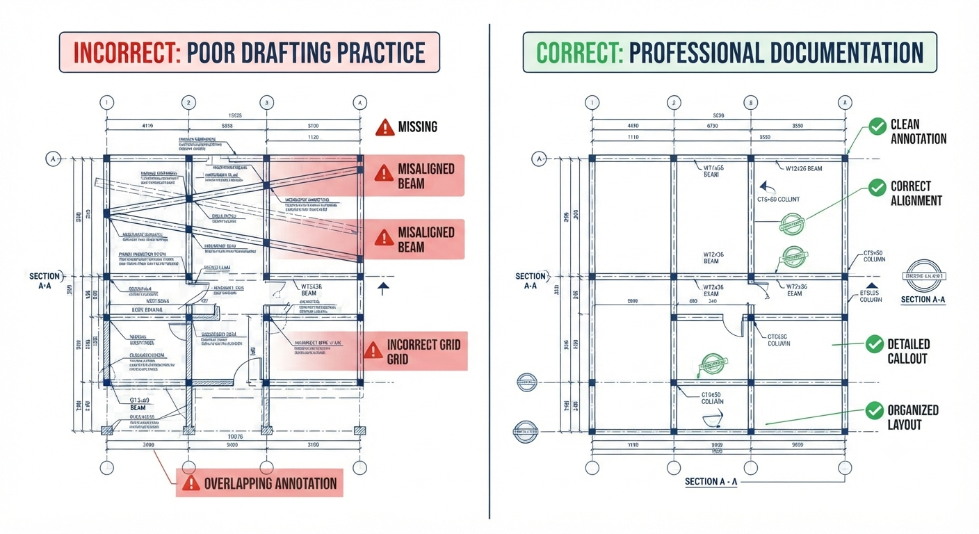 Comparison of common structural drafting mistakes and correct structural drawing practices
