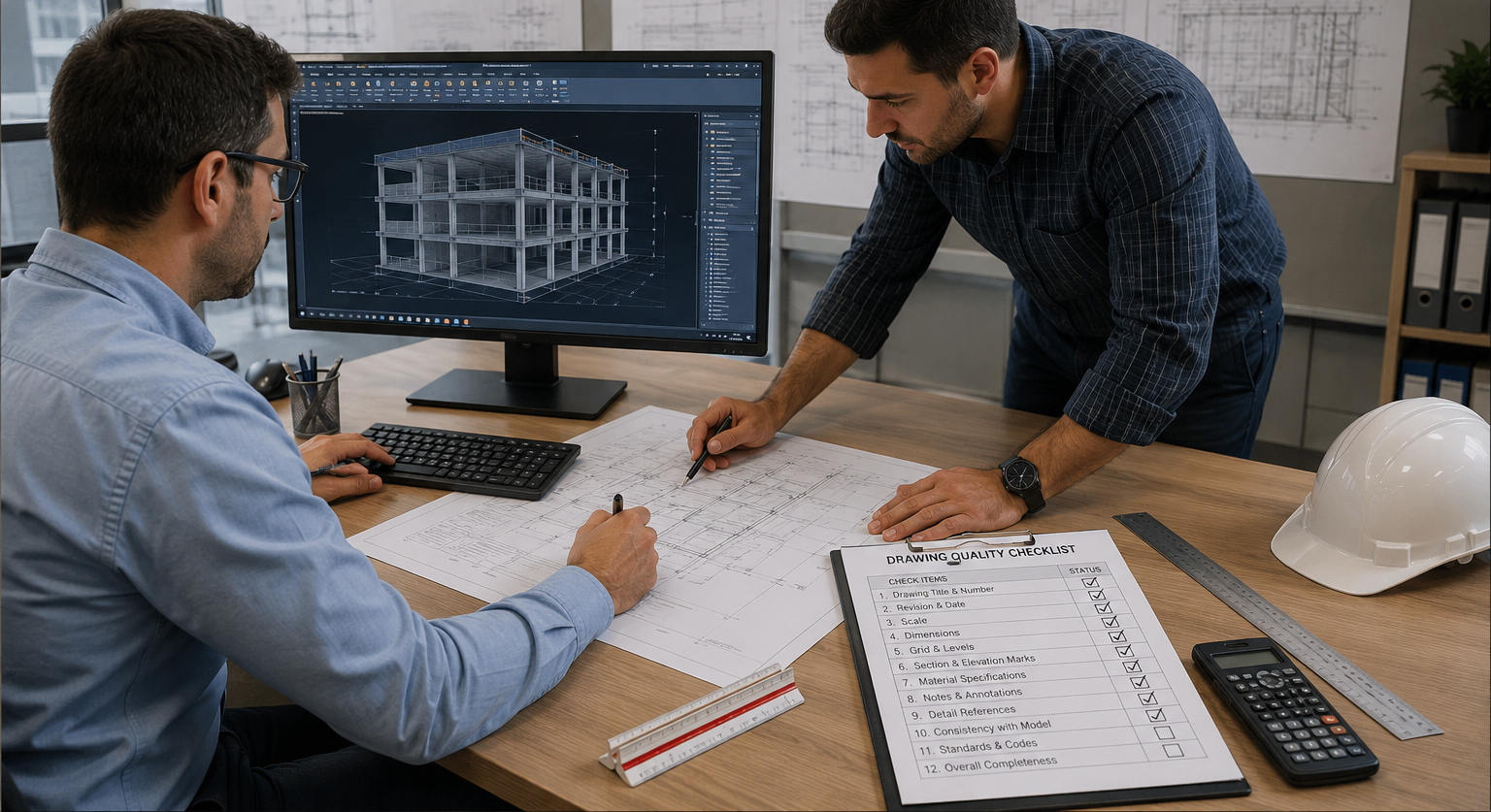 Engineers performing quality control review of structural drawings before project approval