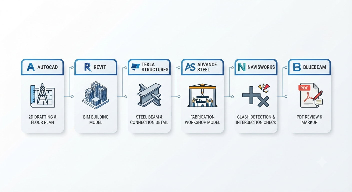 Comparison of structural drafting software including AutoCAD, Revit, Tekla Structures, Advance Steel, Navisworks, and Bluebeam Revu