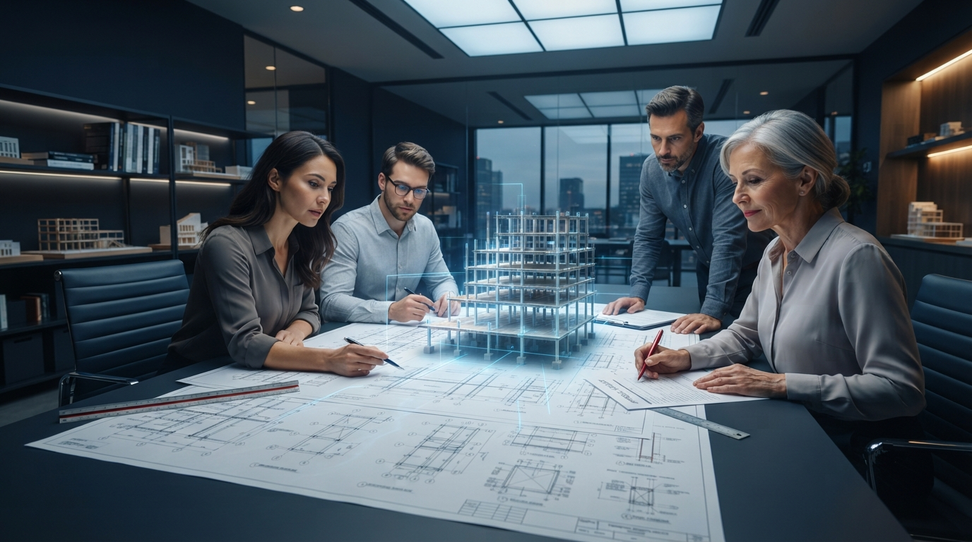 Multidisciplinary engineering and architectural team reviewing structural drawings and building model during quality control
