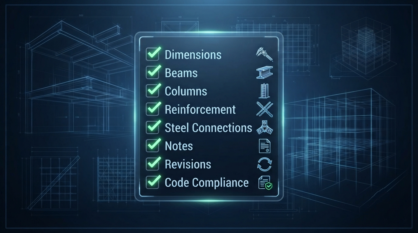 Digital structural drawing checklist graphic displaying items for dimensions, beams, columns, reinforcement, and code compliance