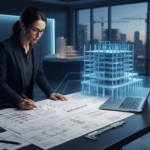Engineer reviewing structural drawings and 3D building model