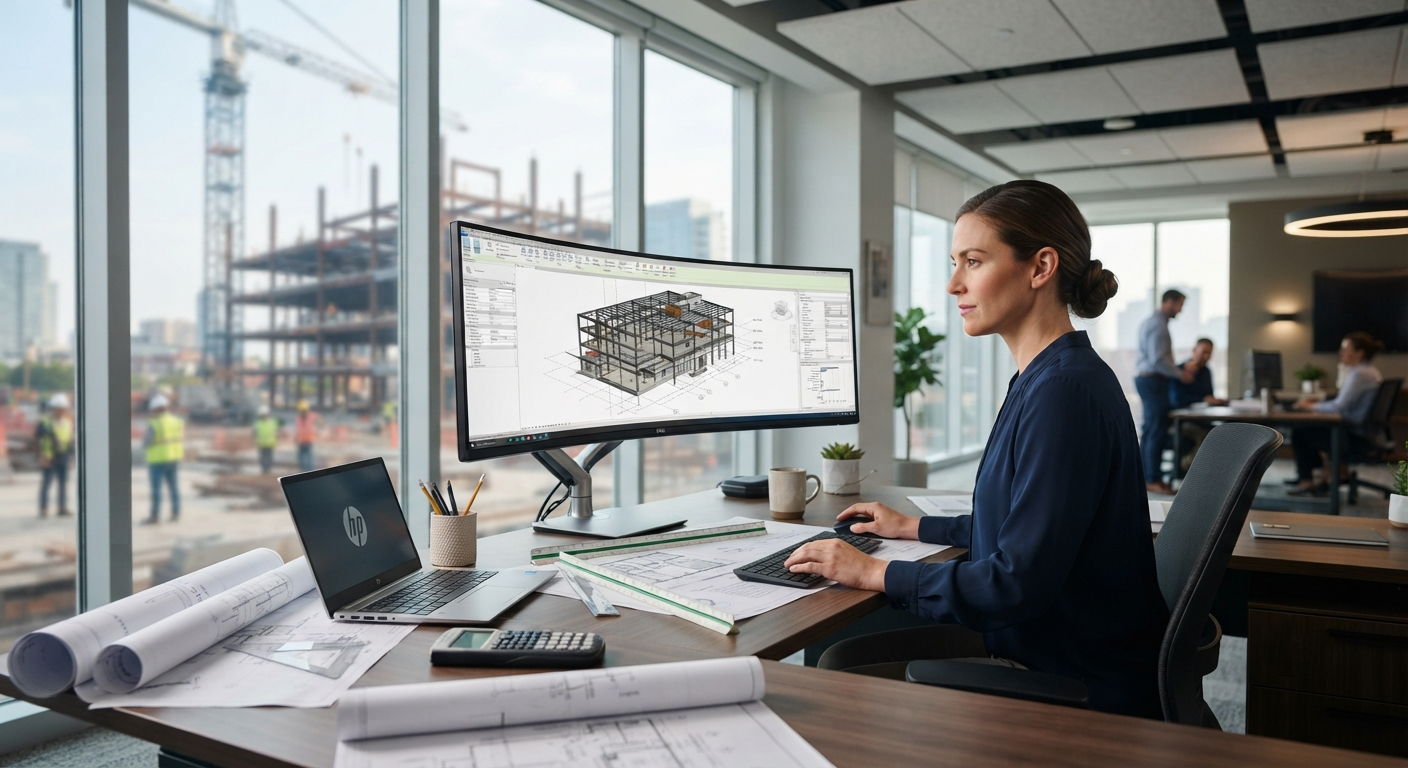 Engineer creating structural drawings using BIM and structural drafting software