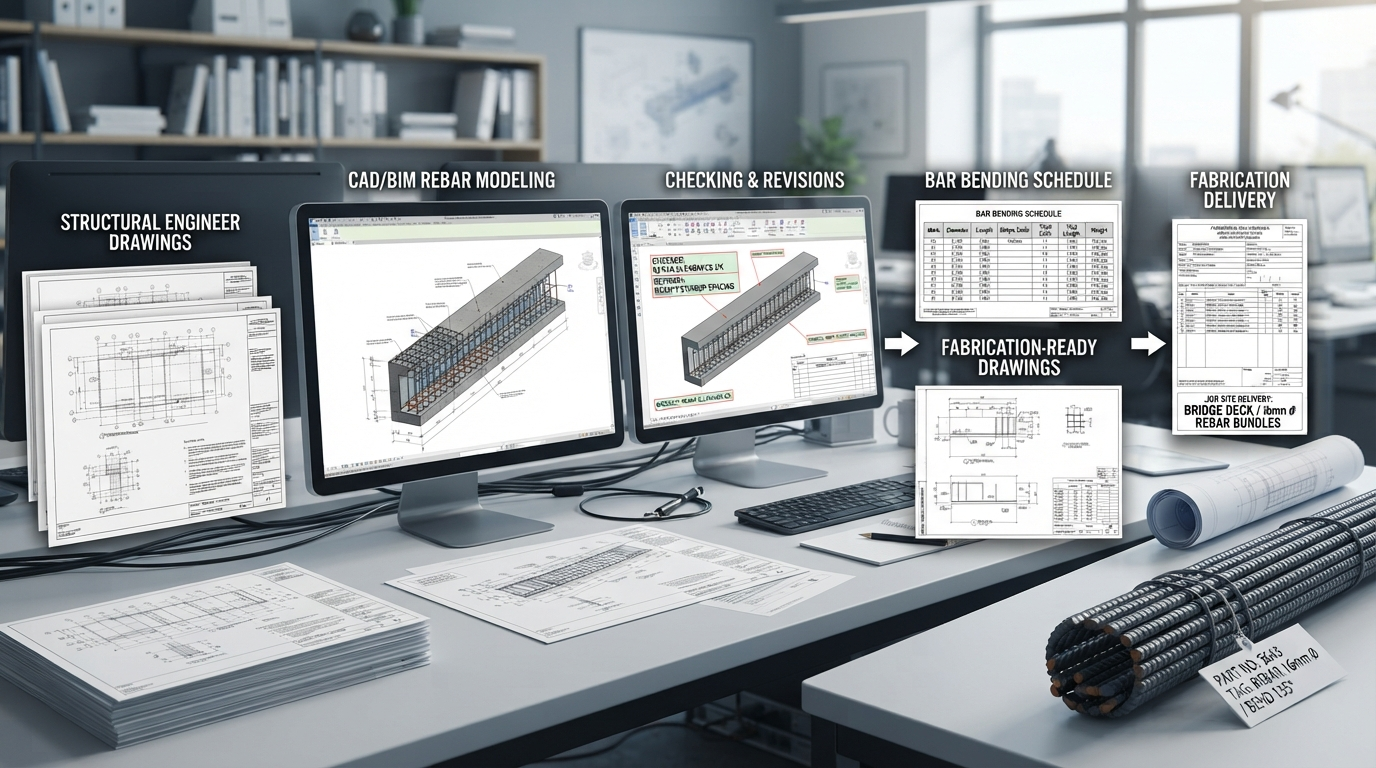 Rebar detailing process workflow from structural drawings to fabrication delivery