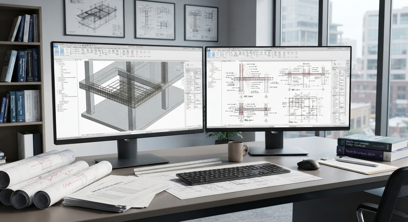 Dual-monitor CAD workstation showing 3D rebar model and 2D placing drawing