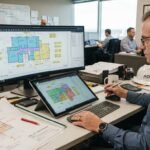 Construction estimator performing a material takeoff using dual monitors and a digital tablet