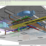 BIM coordination model showing MEP systems routed through a ceiling plenum with clearance zones