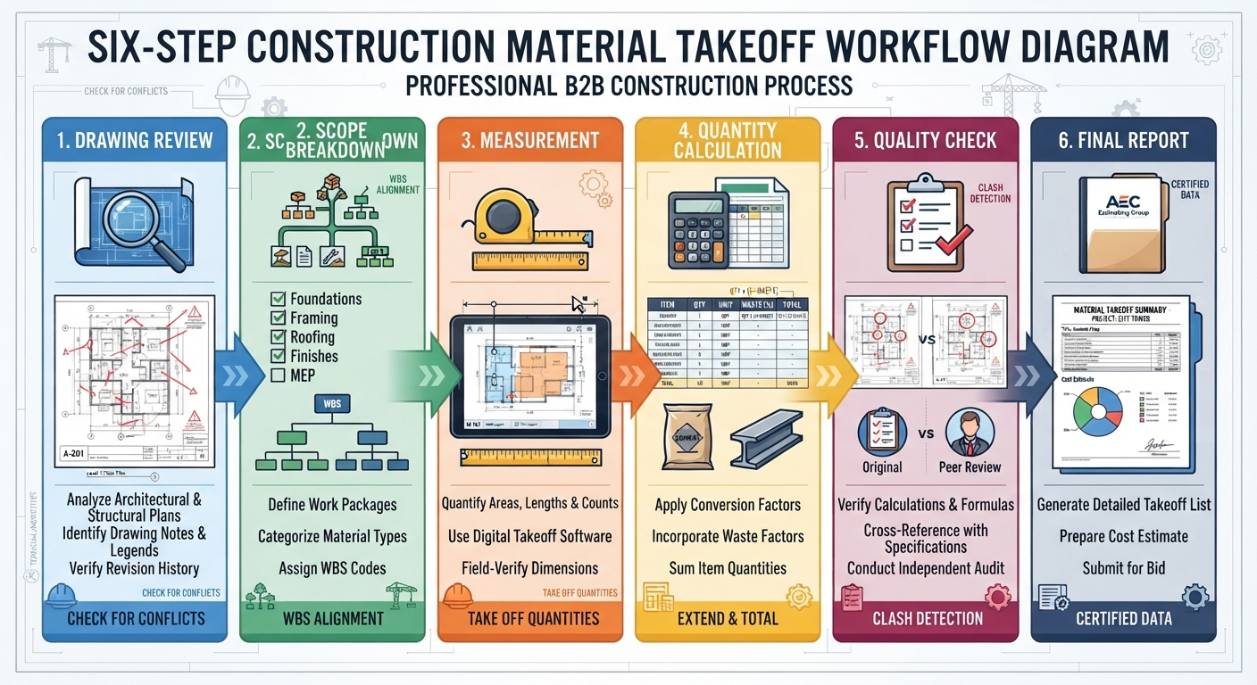 Six-step construction material takeoff workflow diagram from drawing review to final report