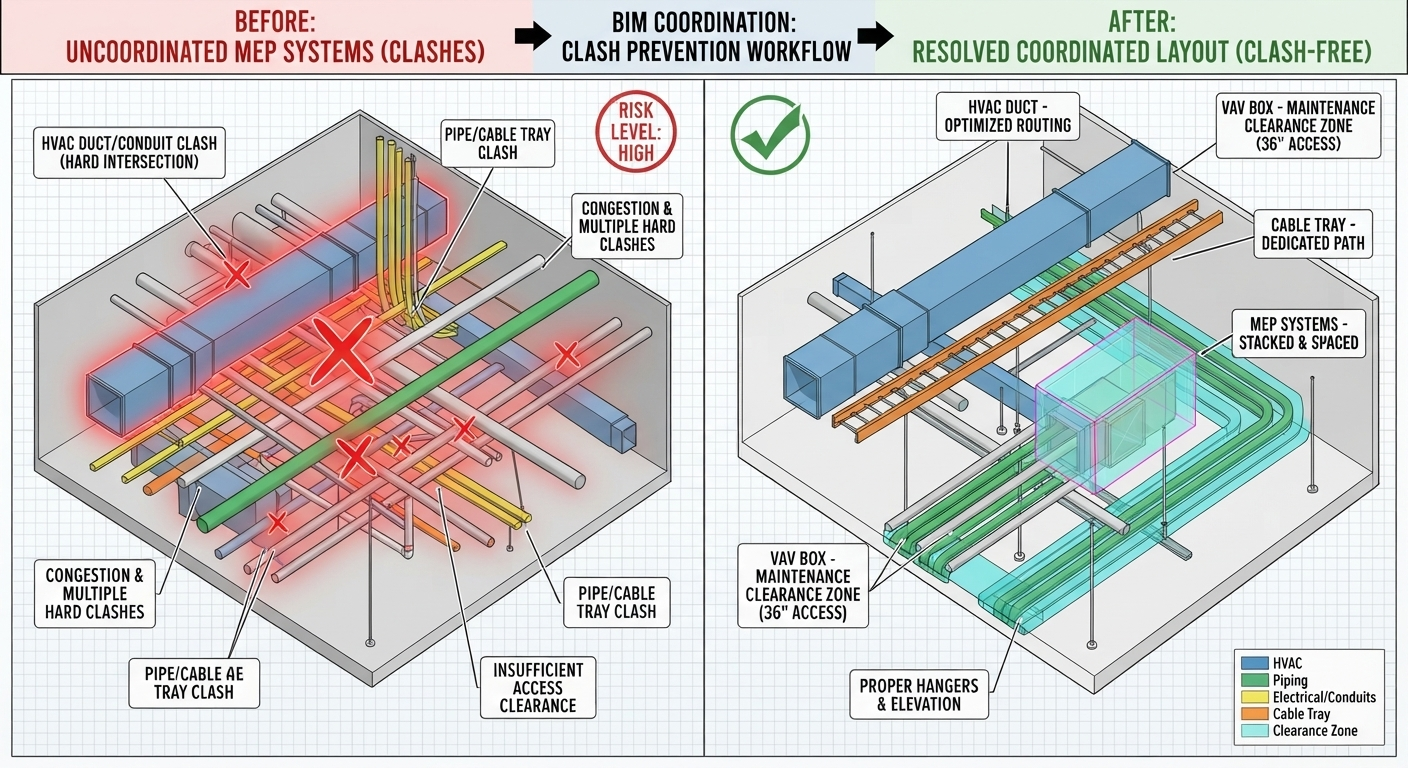 Before and after comparison of uncoordinated MEP clashes versus a resolved coordinated layout