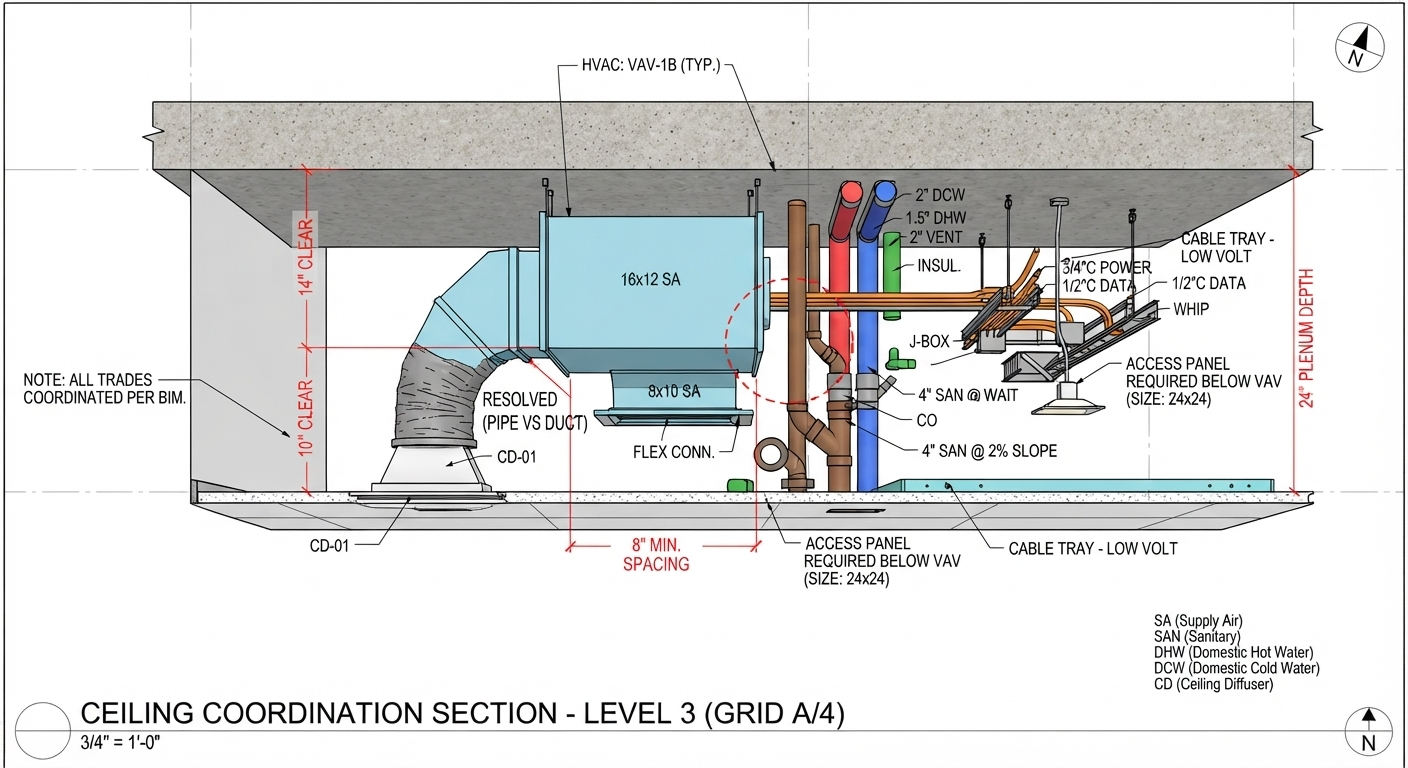 Dimensioned ceiling coordination section showing HVAC, plumbing, and electrical clearances