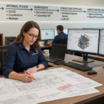 Detailer marking up shop drawings at a desk with a submittal workflow banner and 3D model on monitors behind her