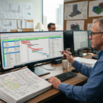Scheduler reviewing a construction schedule Gantt chart on a monitor beside a marked-up activity list