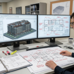 Drafter comparing red-lined as built drawings with a 3D building model and floor plan on dual monitors