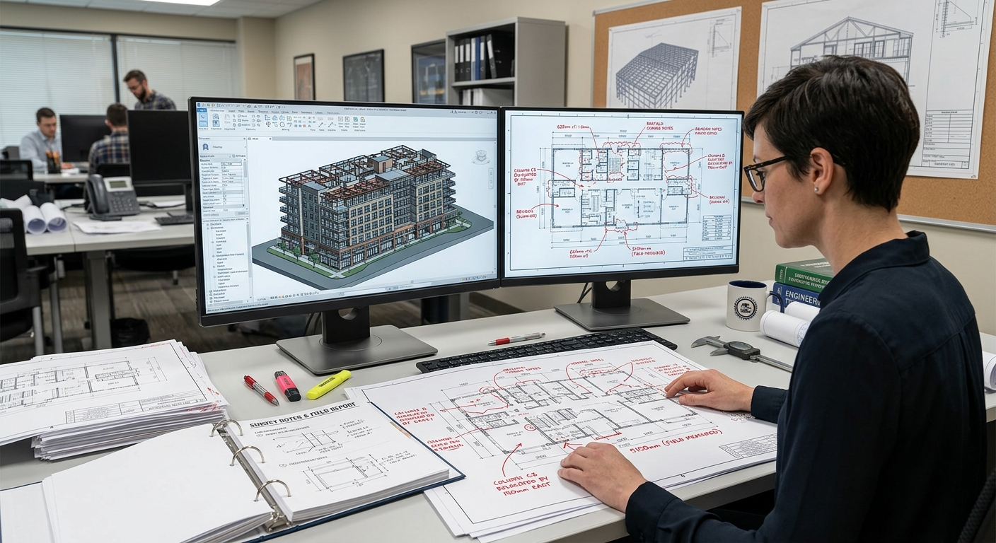 Drafter comparing red-lined as built drawings with a 3D building model and floor plan on dual monitors