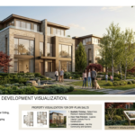 Luxury townhome development render with stone facades and landscaped gardens for off-plan sales visualization