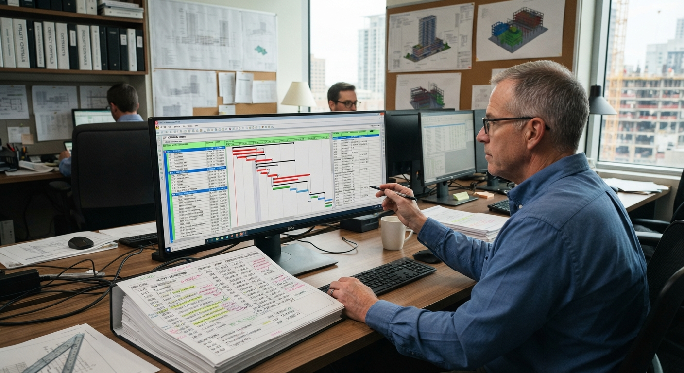 Scheduler reviewing a construction schedule Gantt chart on a monitor beside a marked-up activity list