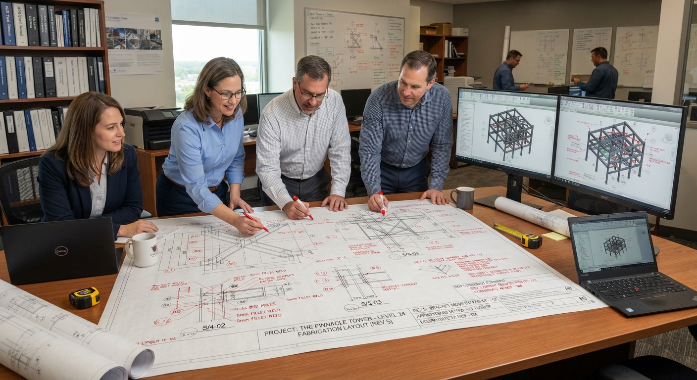 Engineering team reviewing a marked-up fabrication layout drawing together at a table with 3D structural models on monitors