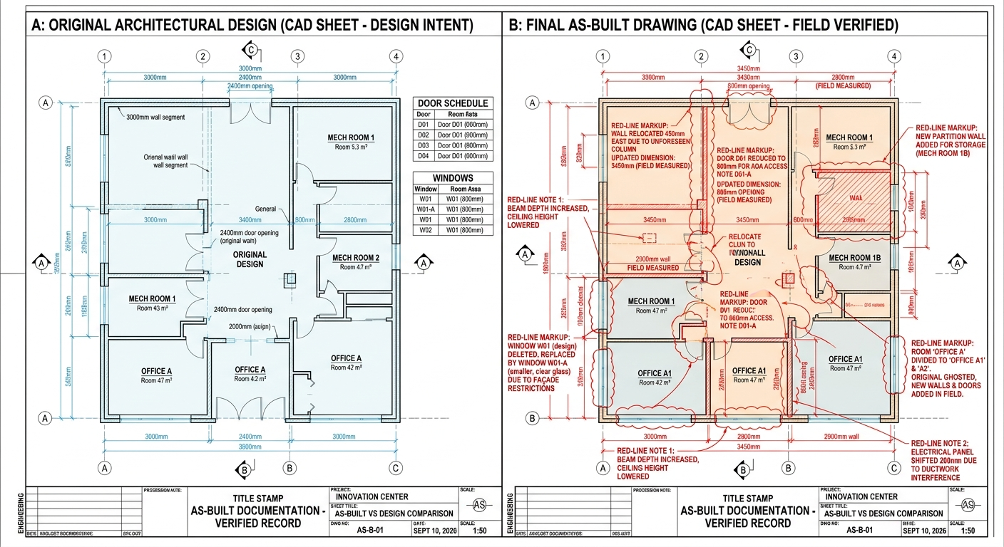 Side-by-side floor plan showing original design intent and the field-verified as built drawing with red-line markups