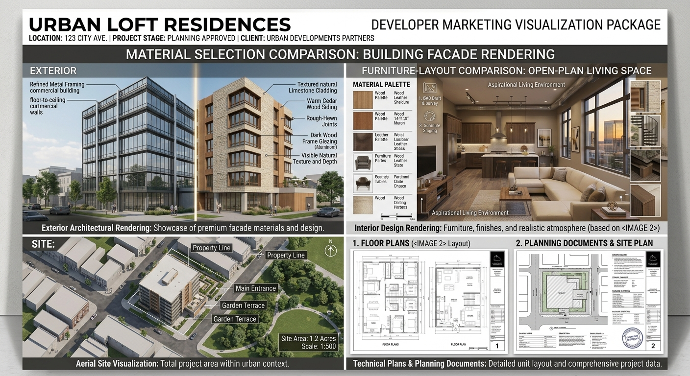 Developer marketing visualization package with exterior facade options, interior render, aerial site view and floor plans