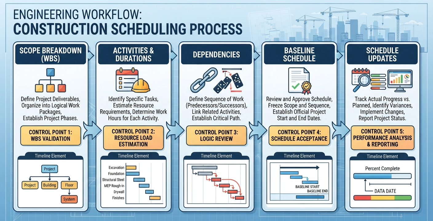 Construction scheduling process workflow from WBS and durations to dependencies, baseline and updates