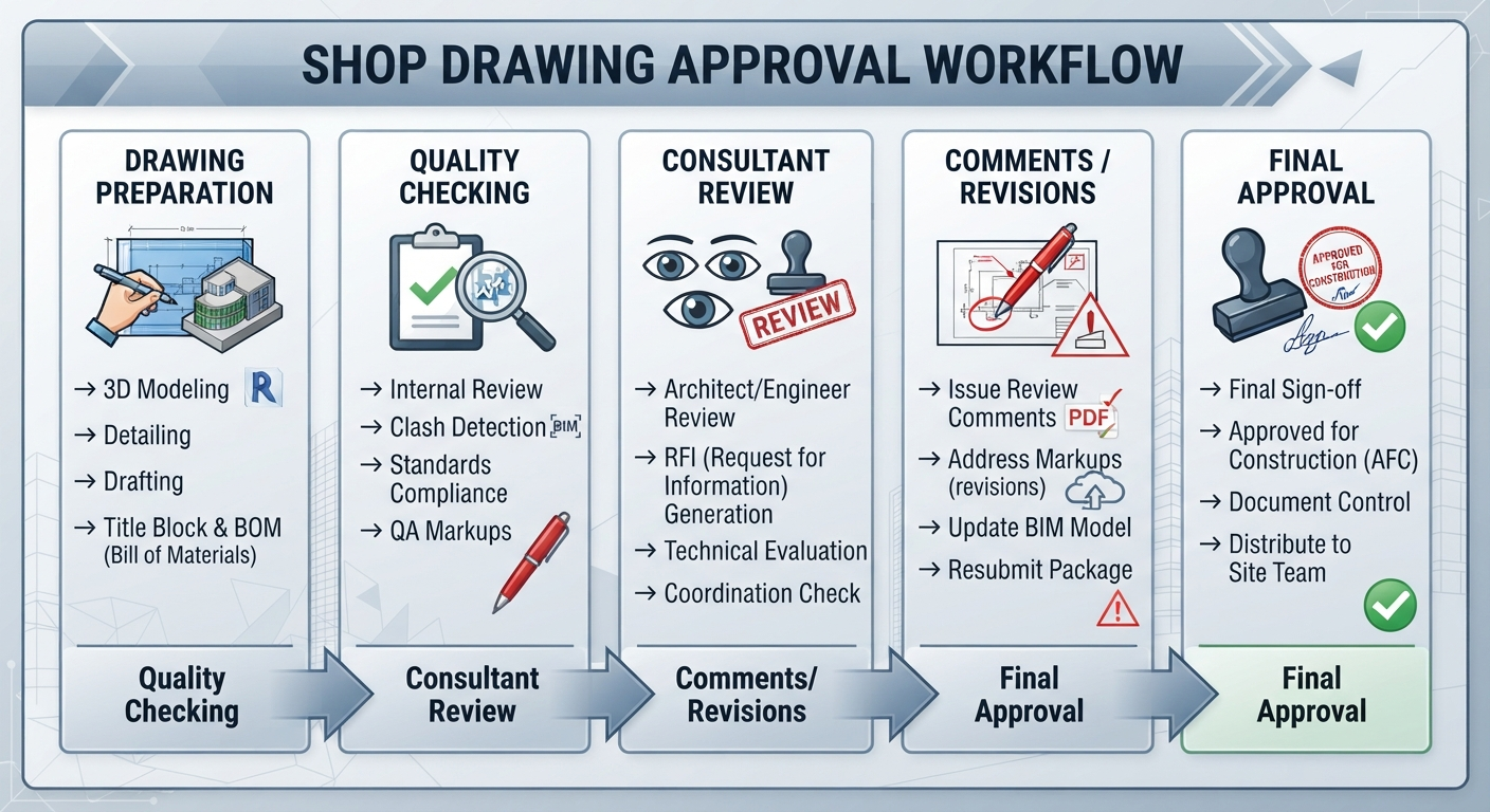 Shop drawing approval workflow: drawing preparation, quality checking, consultant review, revisions and final approval