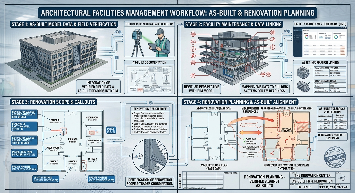 Facilities management workflow showing as-built field verification, data linking, renovation scope and planning stages