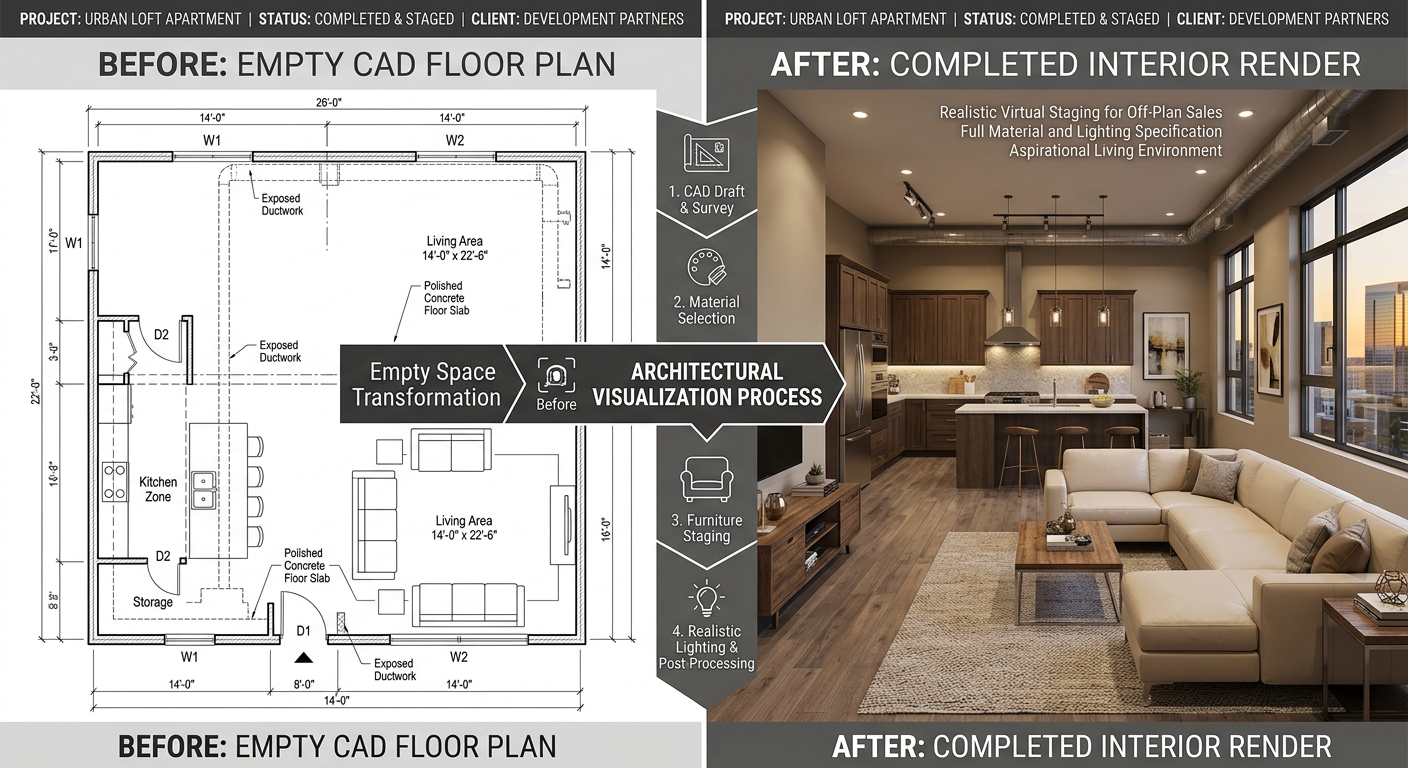 Before and after comparison of a CAD floor plan and the completed 3D interior render of a staged loft apartment