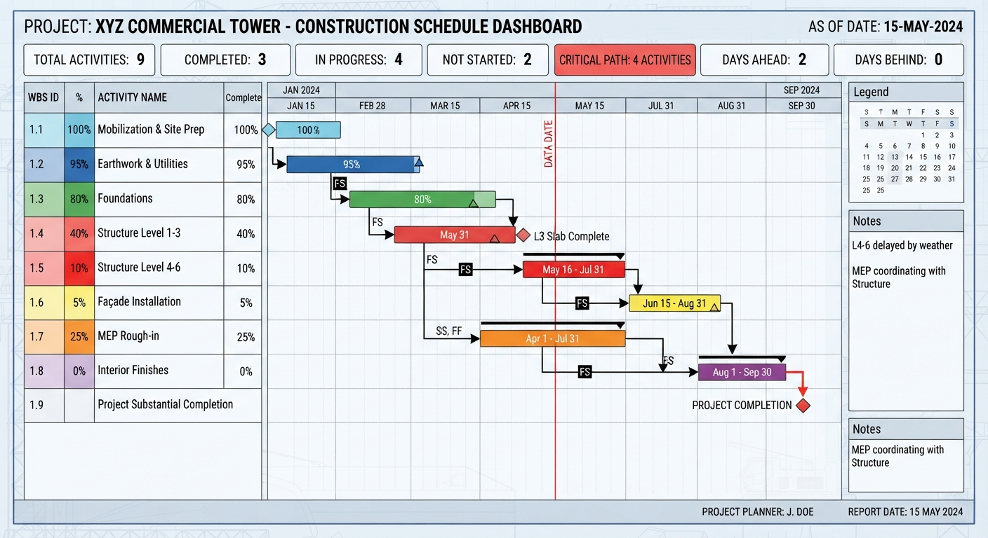 Sample construction schedule Gantt chart showing activity progress, dependencies and critical path