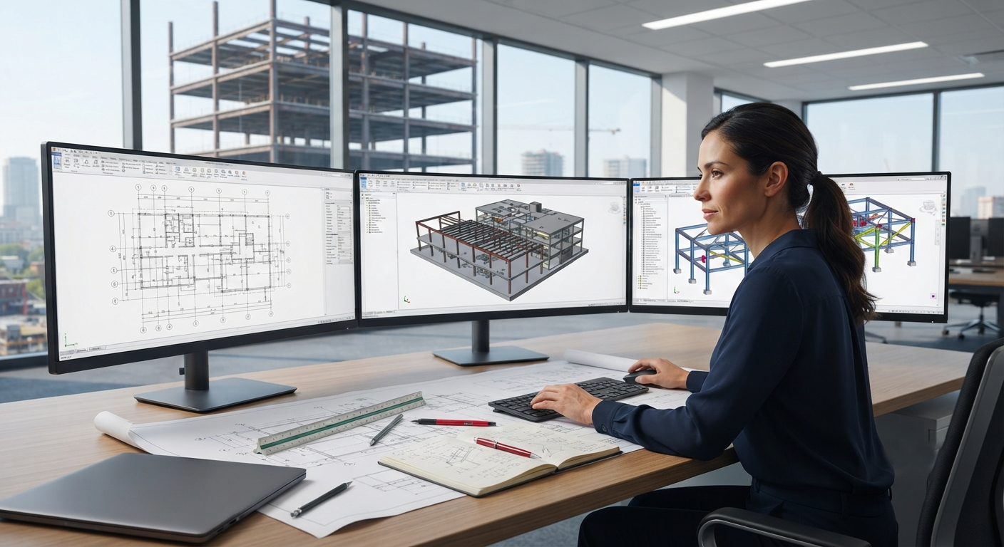 Structural engineer using professional structural drafting software for BIM modeling