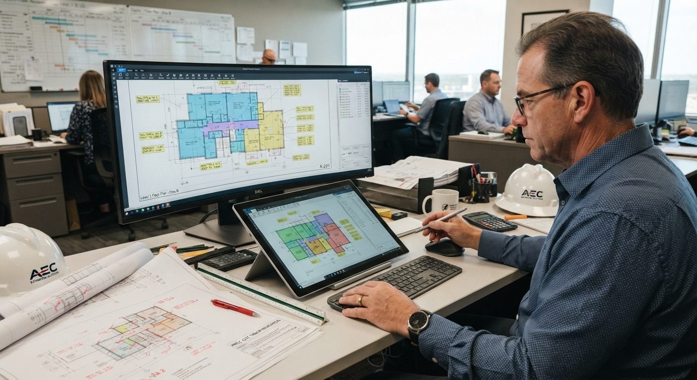 Construction estimator performing a material takeoff using dual monitors and a digital tablet