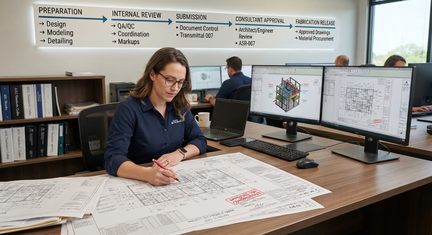 Detailer marking up shop drawings at a desk with a submittal workflow banner and 3D model on monitors behind her
