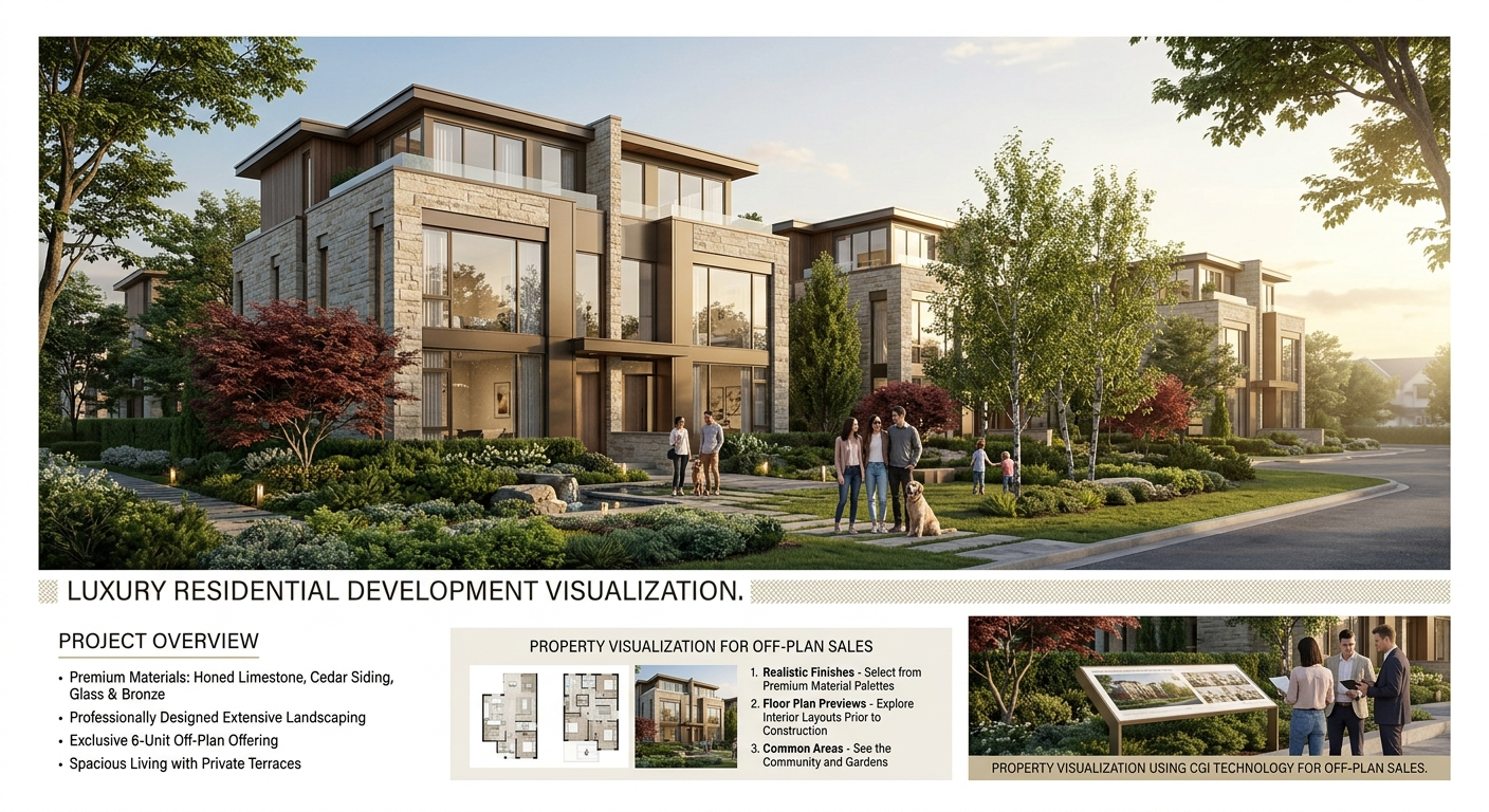 Luxury townhome development render with stone facades and landscaped gardens for off-plan sales visualization