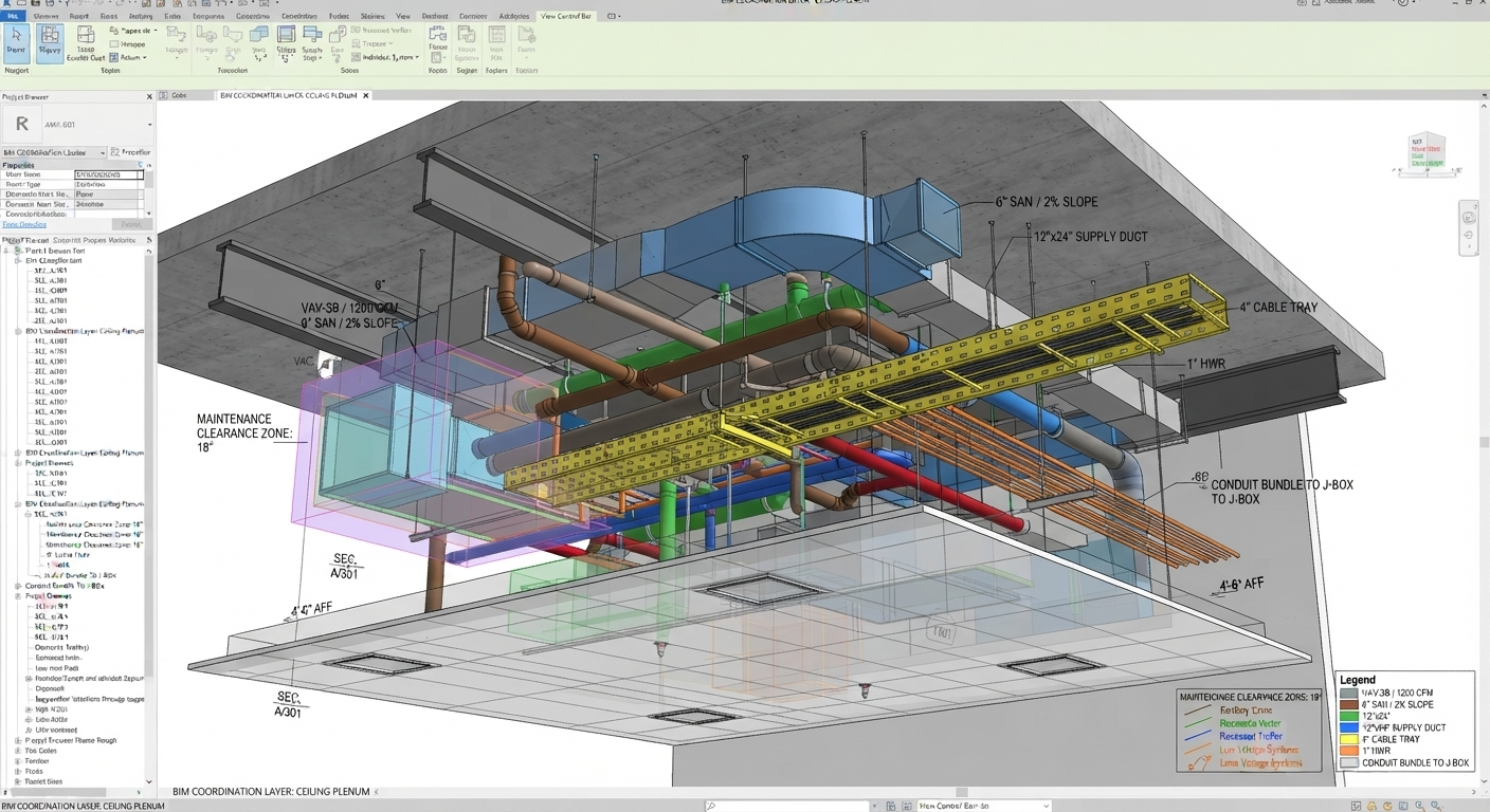 BIM coordination model showing MEP systems routed through a ceiling plenum with clearance zones