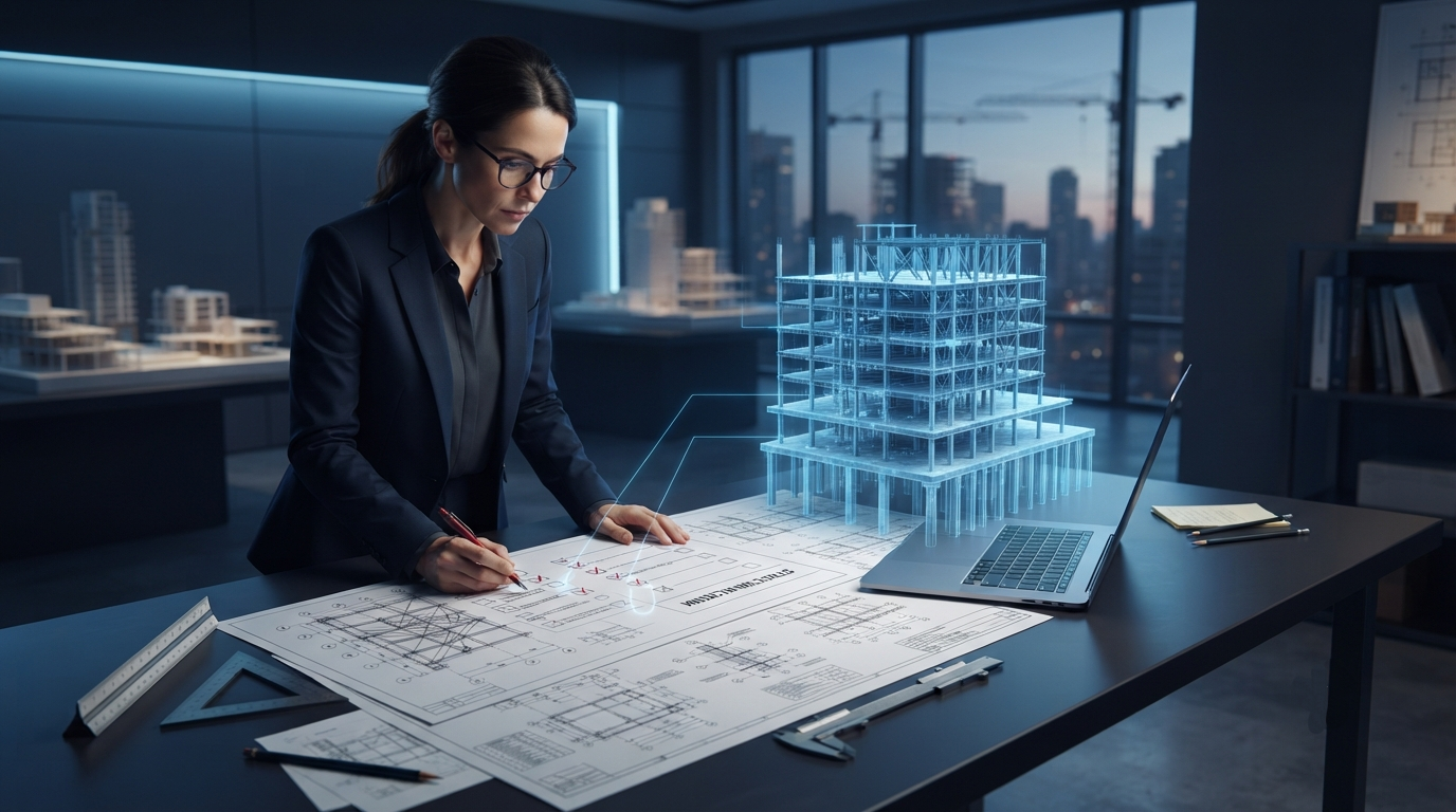 Engineer reviewing structural drawings and 3D building model